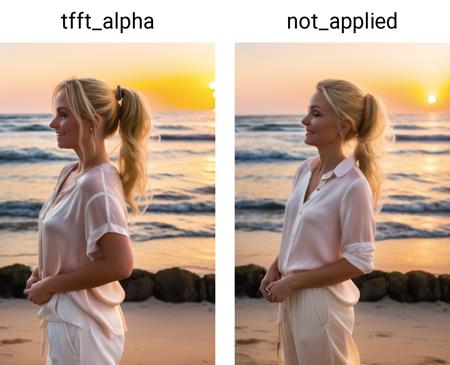 a cinematic photo of an attractive blonde young woman at the beach wearing a loose silk blouse and loose silk pants, (ponytail), tfft, detailed face, sunset, windy, Fujifilm XT3  <lora:tfft_alpha:1>