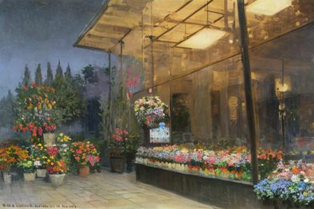 ,<lora:monetloha13v4note-000010:0.9>,flower shop,foggy,night