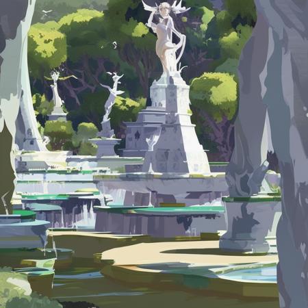 marble statues and cascading water fountains surrounded by the garden of eden, PaintStyle3