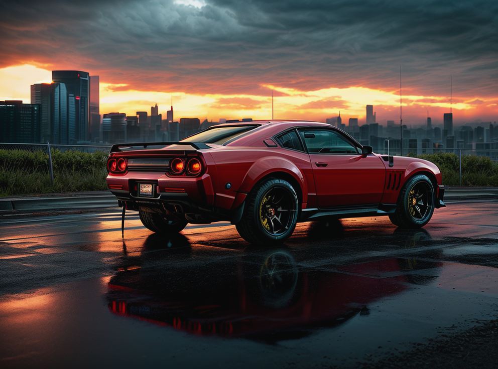 cyberpunk 2077 red off-road muscle car with gear and guns attached, dirty, in cyberpunk 2077 urban photoshoot, sunset, running at high speed, glowing lights, speed sensation, well framed at middle range, (knobby tires), slammed, extreme detail, illegal battle car, extreme photorealistic, 3D, 8k, Hyper detailed car, perfect soft lighting, great lighting, car photography, fisheye lens, raining, reflection, octane render, high quality, <lora:more_details:1.2>