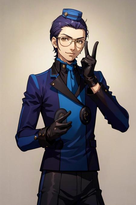 masterpiece, best quality, solo, 1boy, smile, looking at viewer, <lora:Velvet-Room-M-Outfit_Fp:1>, velvetmoutfit, gloves, hat,  <lora:Nanjo:1> nanjop1, glasses,