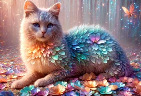 a fluffy cat with iridescent fur,surrounded by blooming flowers and glowing petals,magical fairycore aesthetic,soft lighting,pastel tones,dreamy background,p1nk1r1fl0wers,made out of iridescent flower petals,