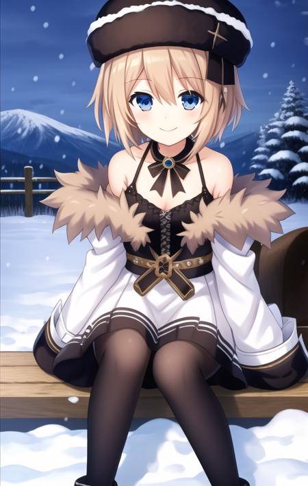 Masterpiece, Best quality, 4k resolution, beautiful eyes, 1girl, Outside, snowy, winter, Blanc, full body, solo, hat, fur trim, blue eyes, brown hair, short hair, dress, coat, white dress, bare shoulders, spaghetti strap, off shoulder, wide sleeves, long sleeves, tachi-e, short dress, bare legs, fur-trimmed coat, sitting, smiling,