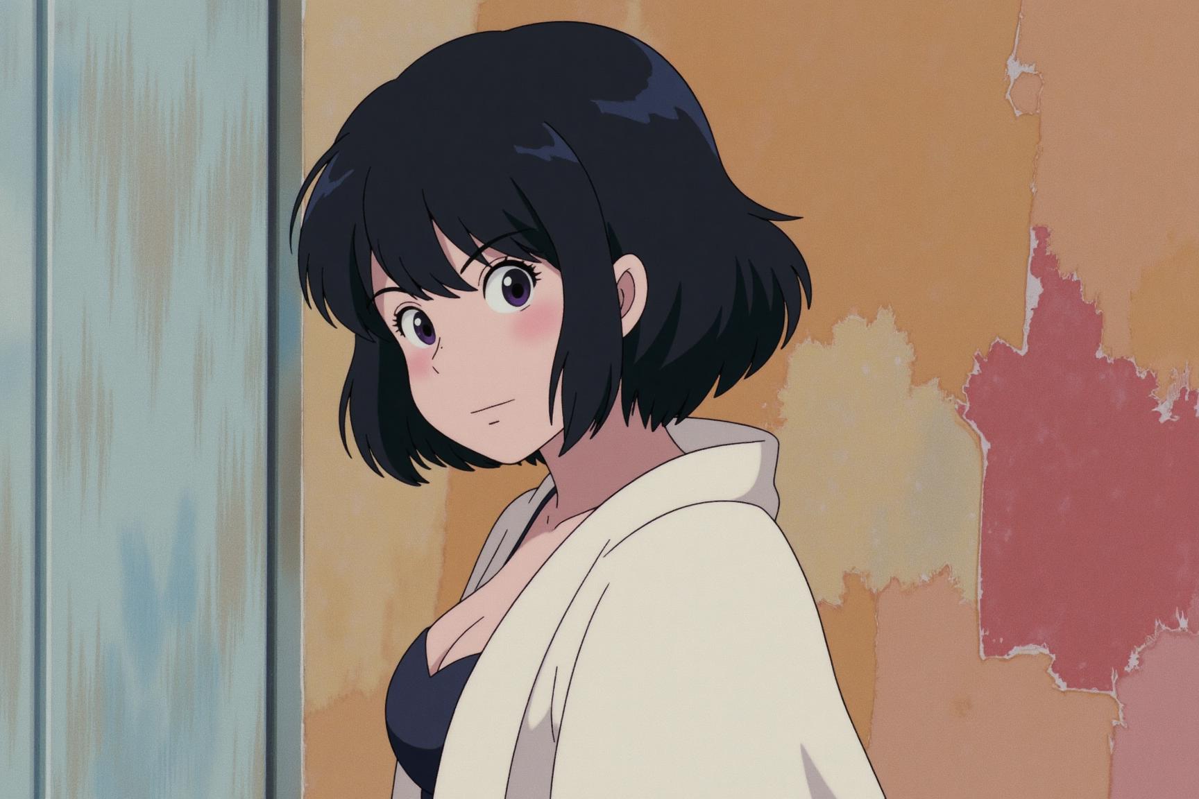 In style of Studio Ghibli. A highly detailed, photorealistic photography of a woman with short, voluminous black hair, (Inverted Bob) that frames her intense violet eyes and warm brown skin. Her attire consists of a white, loosely draped robe that opens at the chest, revealing a structured top beneath that enhances her strong, poised stance. The background should be rendered with abstract, earthy tones of ochre, soft blue, and warm red, resembling an oil painting with distinct brushstrokes that add to the tactile quality of the scene. Emphasize lifelike textures in her skin, the light reflections in her eyes, and the depth of shadow within her hair, creating a realistic and captivating representation.Standing with her back on wall, looking over her shoulder, her presence commanding and serene.