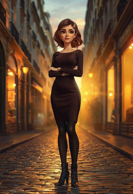 A 4K ultra-detailed digital illustration of Geneviève Marie Dubois, a poised and stylish woman in her early 30s. She stands full-body in a softly lit Parisian street at dusk, the warm glow of boutique windows reflecting off cobblestone pavement. Golden light spills through the atmospheric haze, adding cinematic depth and charm to the scene. Geneviève wears a sleek, fitted contemporary dress in a deep jewel tone, paired with black tights and chic ankle boots. Her chestnut brown hair is softly styled, and her expression is calm, confident, and subtly inviting. The textures of her outfit and the urban surroundings are richly rendered with photorealistic precision, while the overall illustration carries the warmth and storytelling flair of a Pixar or DreamWorks-style aesthetic.
