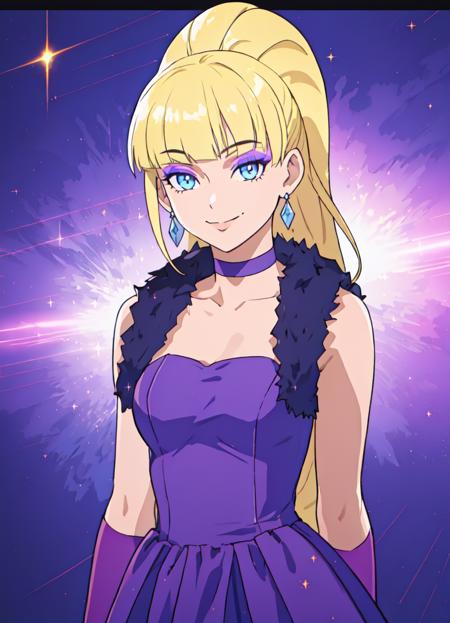 Pacifica blue eyes, make up ponytail purple dress, purple jacket, hoop earrings, belt, black pantyhose, brown boots purple gown, fur trim, diamond earrings, pink gloves, choker, pink shoes text on shirt, purple shirt, gem earrings, single glove, bracelet, white skirt, diamond socks, white shoes