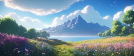 Littoral zone, lakeside recreational park,   Vibrant Wildflower Fields in Spring,  many small clouds,     pulsar, in the sky,
image style is a mix of 16 bit  , ((light bokeh)), Tilt-Shift Blur, Motion Blur, film still,  , soft borders Eiichiro Oda and cg render  , godrays, Gaussian Blur, , intricate Chris Van Allsburg , Depth of Field Blur, sharp focus,  soft lighting, rossdraws global illumination, godrays,  , incluenced by a mix of Ai-Mitsu and Chris Van Allsburg ,