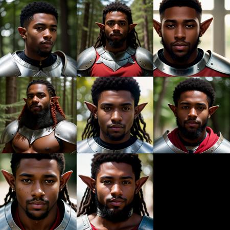 RAW photo, absurdres, high quality, photorealistic,
portrait of a young elf black man, knight, looking at viewer, dark_skin, brown_skin, (detailed_skin), (freckles:0.5), red hair, beard, sunlight,
photo realism, ultra-detailed, 50mm, f1. 4, 8k uhd, film grain