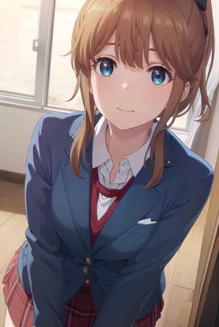 akatsukiminami, <lora:akatsuki minami s1-lora-nochekaiser:1>,
akatsuki minami, blue eyes, brown hair, ponytail, hair bow, sidelocks, black bow, smile,
BREAK shirt, school uniform, jacket, white shirt, necktie, collared shirt, blazer, red necktie, red skirt, skirt,
BREAK indoors, classroom,
BREAK looking at viewer, (cowboy shot:1.5),
BREAK <lyco:GoodHands-beta2:1>, (masterpiece:1.2), best quality, high resolution, unity 8k wallpaper, (illustration:0.8), (beautiful detailed eyes:1.6), extremely detailed face, perfect lighting, extremely detailed CG, (perfect hands, perfect anatomy),