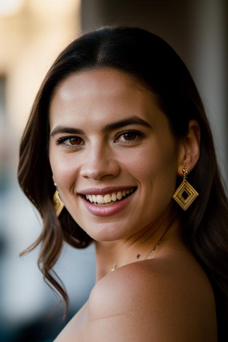 Realistic photo of a beautiful h4yl3y4-v1 woman,   1girl, solo, long hair, smile, open mouth, brown hair, brown eyes, jewelry, :d, earrings, teeth, lips, portrait, realistic, soft lighting, professional Photography, Photorealistic, detailed, RAW, analog, sharp focus, 8k, HD, DSLR, high quality, Fujifilm XT3, film grain, award winning, masterpiece<lora:h4yl3y4-v1:1.0>