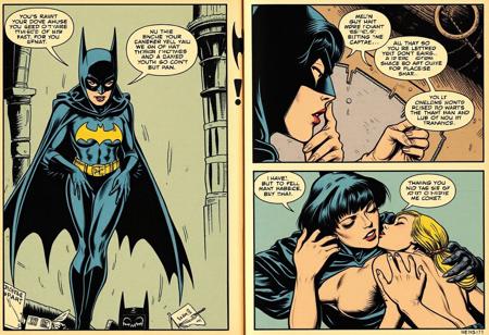 old aged comic book page, batgirl, sadomasochist, in 4 panels, erotic, pain and pleasure, eroguro