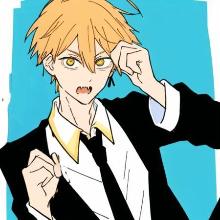 denji \(chainsaw man\), 1boy, black necktie, black pants, collared shirt, long sleeves, necktie, yellow hair, solo, white shirt, yellow eyes, red background, 1man, (blond hair:1.1), 
 <lora:chainsawmanED4style:0.7>    <lora:denjiChainsawMan_denjiChainsawMan:0.7>