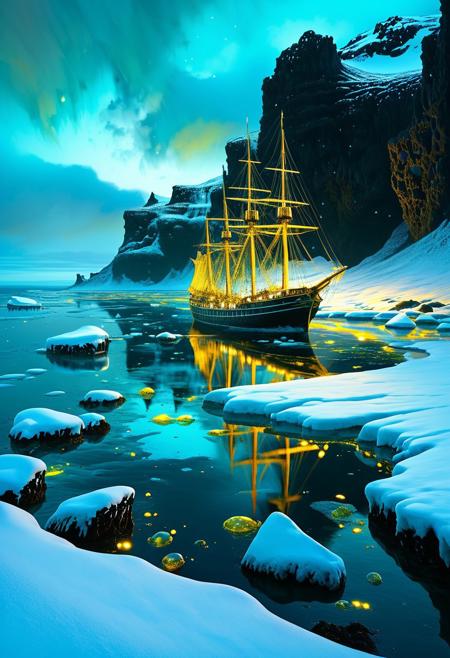 (by Ellen Jewett:1.5), (Golden Bioluminescent Impressionism, Icelandic seascape, ral-wlfnteThe Dreamland, Gibson Iceland, sea, ocean, great sailing ship ,waterfall, snow and ice, ethereal landscapes, depth of field, biotech emotion:1.3) <lora:xl_more_art-full_v1:0.5> <lora:add-detail-xl:1> <lora:RMSDXL_Creative:2> PEAnimeBG