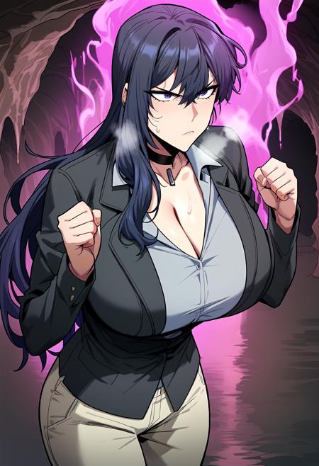 hair between eyes, purple eyes, long hair, black hair military uniform, grey jacket, black shirt, black choker, long sleeves, pocket, brown pants black jacket, black choker, grey shirt, collared shirt, cleavage, brown pants