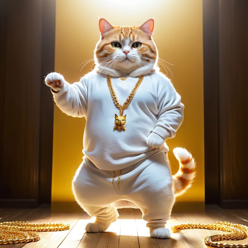 A small orange cat wearing a white shirt and a gold chain.