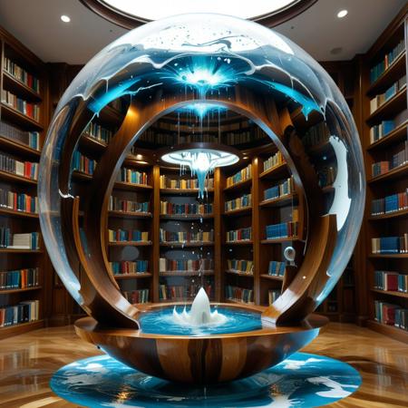 a library spiraling within a liquid sphere shaped like a falling tear, bookcases mounted on concentric rings of floating platforms, ink flowing visibly through transparent veins along the walls, central node projecting memories as glowing droplets, tearStyle2