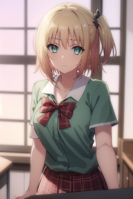 yuki yoshida, short hair, blonde hair, hair ornament, (green eyes:1.3), one side up, skirt, bow, school uniform, serafuku, plaid, red bow, brown skirt,