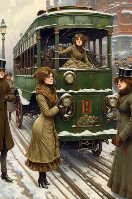 <lora:Paul Gustav Fischer Style:1>Paul Gustav Fischer Style - young Victorian lady crashed on her antique 1912 maxwell motor car into 1910 trolly bus on a busy winter victorian street