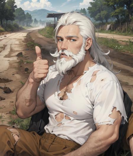 best_quality,Raw,illustration,official art,(muted color,partially colored:0.8),detailed linear hatching\(texture\),recolored,flat color,sunny,(1male,48yo,white beard,beggar so,,torn clothes,dirt road,upper body ),thumbs_up,