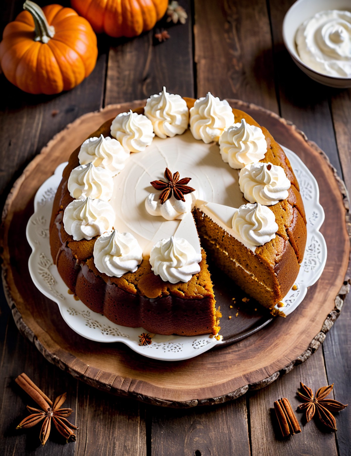food photography of a spiced pumpkin cake, sitting on a decorative autumn platter, rustic wood table, photoshoot, high qua...