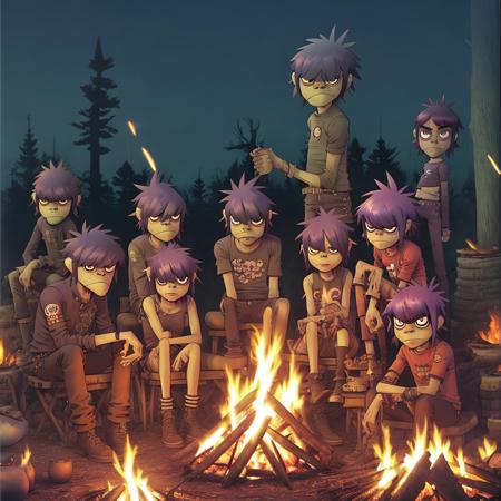 gorillazstyle, a group of people sitting around a campfire