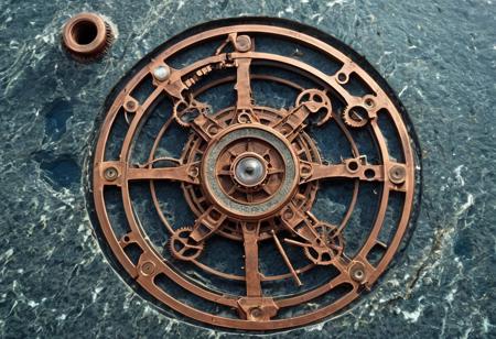 "mysterious mechanism, ancient "Atlantis", astrolab, made of "red bronze" and other metals, polished, intricate, curlicues, patina, aged, "Antikythera mechanism", made of "Ορείχαλκον κράμα" On a rough porfiroid granite, slab, on a ship in the middle of the ocean, blue skies."