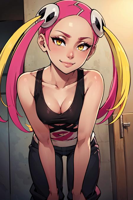 zzPlumeria, pink hair, multicolored hair, blonde hair, two-tone hair, long hair, yellow eyes, hair ornament, quad tails, breasts, eyeshadow, skull hair ornament, dark skin, black tank top, eyeshadow, makeup, black baggy pants, tattoo,