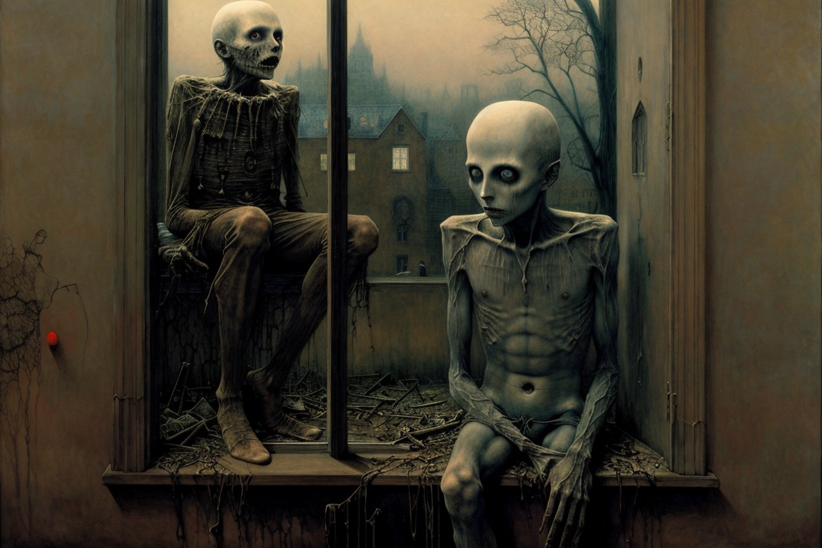 schizophrenia boy, sitting on window, darkest room, sad, creepy, nightmare, disturbing, creepy, gloomy, rotten, by zdzisla...