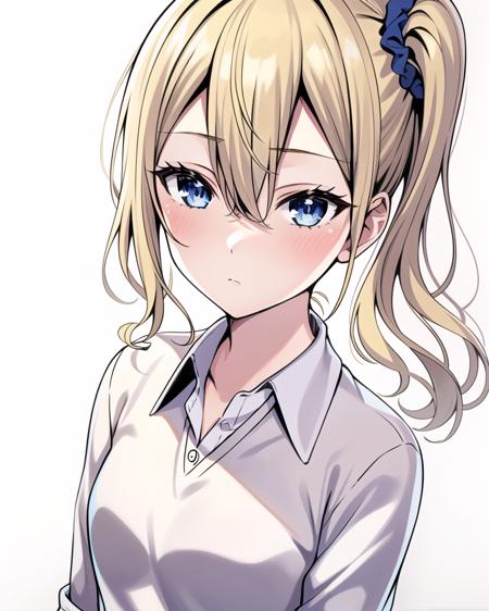 best quality,highly detailed,masterpiece,ultra-detailed,solo,1girl,white background,delicate eyes,hayasaka_ai,blue_scrunchie, short hair,blue_eyes,hair_between_eyes, side_ponytail,(blonde_hair:1.2),expressionless,long sidelocks,[(collared shirt)::19],[(sweater:1.1):20]