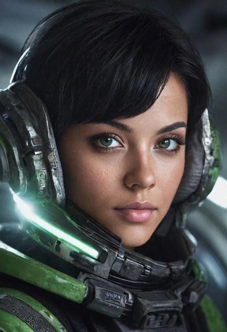 photo of a black hair woman, in space, futuristic space suit, (freckles:0.8) cute face, sci-fi, dystopian, detailed eyes, green eyes, 16k