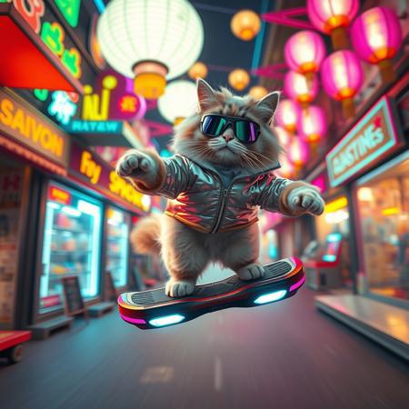 A vibrant, neon-lit scene of a fluffy cat in a shiny jacket and visor goggles zipping through a futuristic street market on a sleek hoverboard. The cat performs a trick mid-air, with one foot extended and the other curled. Market stalls glow with LED signs, and holographic lanterns float overhead. The cat's face shows pure exhilaration, with blurred motion trails highlighting the stunt.