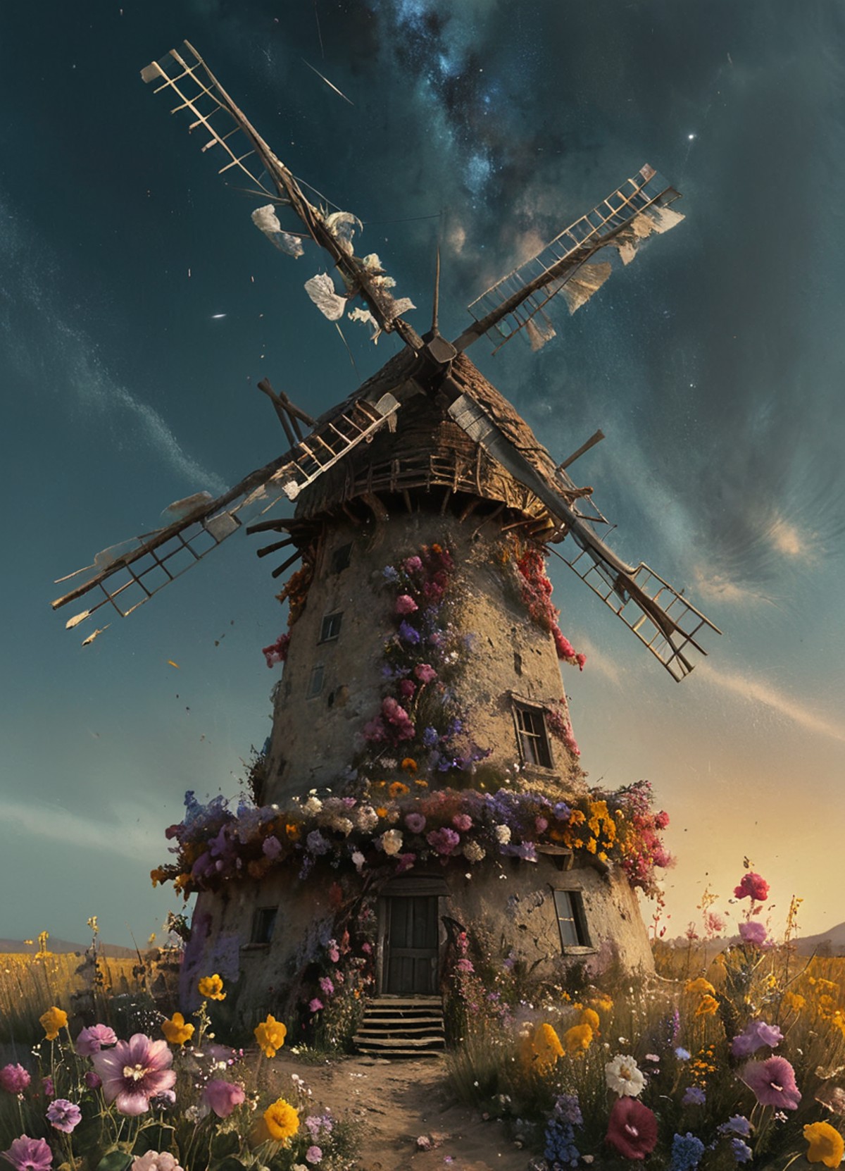 action,old windmill,wind,flowers,(side shot:1.3),bottom view,on the ground,evening,particles,rotation,galaxies in the sky,...