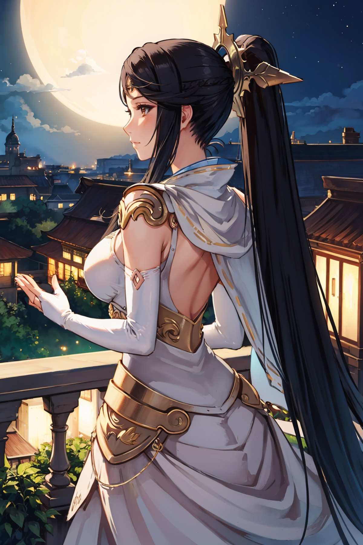 masterpiece, best quality, feMikoto, ponytail, circlet, cape, armored dress, hair ornament, elbow gloves, standing, garden...