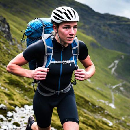 Handsome 26 year old man climber cliff, 
climb in the mountains, 
man shirtless, 
smile, 
model, 
temptingly beautiful boyish face, 
hanging on the mountain and climbing to the summit, 
he is wearing a safety harness around his waist, 
the sun is just rising in the background,