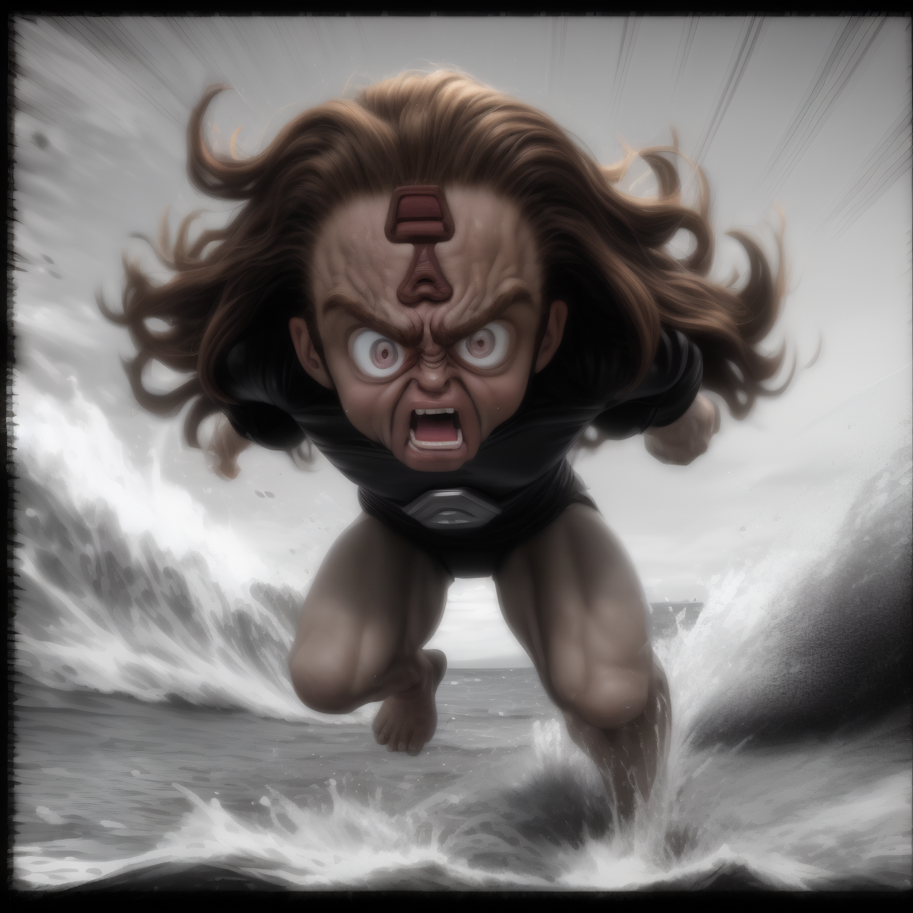 marvel comics, ultra wide angle lens, medium shot, tng-gowron running at the beach, withLora(n47-v1-tng-gowron,0.65) angry...