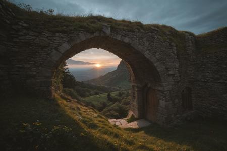raw photo, a sunset landscape, greek mountains, forested ravine cliffs, cozy, photorealistic, abandoned Towering Stone gateway entry into dark the side of rocky mountain cliff face, (dwarven: 1.39), high fantasy style, high detailed texture, 8k uhd, dslr, soft lighting, high quality, film grain, Fujifilm XT3, Sony A7 IV, highly detailed photography, (muted colors, cinematic, dim colors, soothing tones:1.2), vibrant, insanely detailed, hyperdetailed, (dark shot:1.2), (vsco:0.3), (intricate details:0.9), (hdr, hyperdetailed:1.2) (highest coherency: 1.39) (highest quality: 1.39) (rule-of-thirds) (award-winning) (masterclass) (highest resolution: 1.39) (castle architecture built into cliff: 0.69) (starfort: 1.1) (protruding from hillside) (rounded doorway) (arcane archictecture) (glowing elven celtic knot designs: 1.29) (natural bridge)