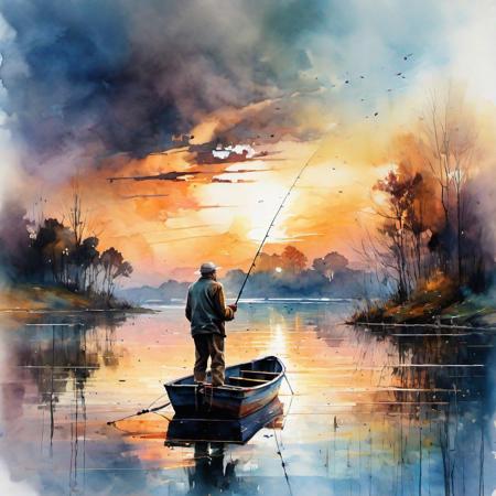 Old man fishing on a boat in a sunset lake by Thomas Wells Schaller :: Leonid Afremov :: Carne Griffiths :: Russ Mills :: photorealistic :: hyperdetailed :: vibrant deep colors