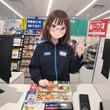 masterpiece, best quality, ultra-detailed, illustration,
famimaU, employee uniform, japan, 1girl, solo, glasses, brown hair, looking at viewer, shirt, smile, indoors, long sleeves, holding, medium hair, 
famima, scenery, indoors, japan, shop, shirt, food, cashier, monitor,  
 <lora:FAMIMA_scenery_SD15_V1:0.8>