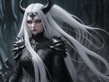 A dark fantasy digital illustration or concept art of a powerful female demon character. She has pale, ethereal skin, long flowing silver hair, and piercing red eyes that radiate intensity. Her head is adorned with sharp, curved black horns, and she is dressed in intricate black armor with gothic patterns that exude strength and elegance. The character wields a sleek black sword, held firmly in front of her. Behind her, a pair of massive, bat-like wings spread wide, featuring detailed textures and a dark, menacing aura. The background is engulfed in fiery shades of red and orange, with embers and shards of black debris floating around, adding to the chaotic and hellish atmosphere. Her expression is fierce and commanding, embodying both beauty and terror. The overall artwork has a highly detailed and dynamic composition, with bold contrasts and vivid colors that emphasize the mystical, dark, and powerful essence of this demon warrior. cyberpunk 