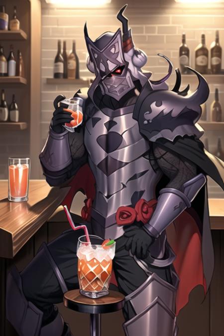 (masterpiece, top quality, best quality, beautiful, and aesthetic:1.2) berserk3r, 1boy, male focus, full body, low wings, black cape, ordering a drink at the bar <lora:berserk4-000010:.9>