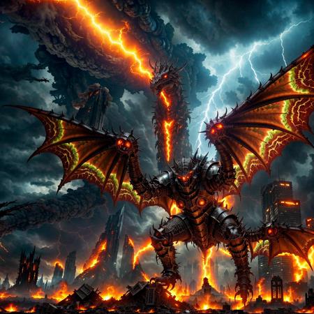 apocalyptic wasteland, colossal dragon, fiery wings, shattered skyscrapers, raging inferno, battle-worn knight, futuristic armor, lightning storm, swirling vortex, otherworldly creatures, glowing runes, ancient ruins, crimson moon, dark magic, ethereal light, chaos, destruction