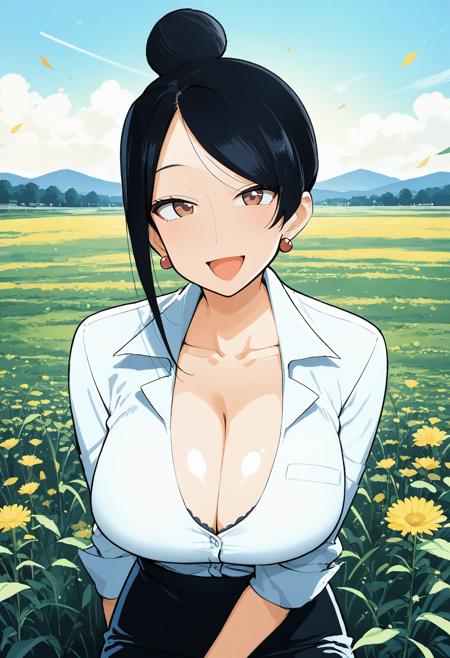 takizawa_kyouko, mature female, brown eyes, black hair, hair bun, single hair bun, collarbone, office lady, business suit, black suit, formal, black skirt,