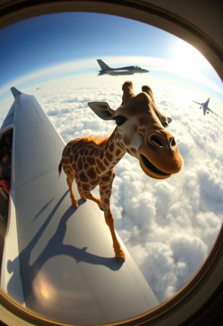 “A giraffe jogging on the wing of an Airbus, with its long legs moving in the wind, looking directly at the viewer through the window of the plane. The scene is captured with a cheap GoPro camera using a hyper fisheye lens, creating a distorted, wide-angle view. The plane is cruising high above the clouds, sunlight reflecting off its metal surface. Inside the cabin, passengers are visible through the window, clearly startled by the sight. The giraffe has a scary, creepy clown smile, its fur ruffled by the wind. Its expression is unsettling and bizarre, adding an eerie touch. In the background, an F-35 fighter jet floats among the clouds, enhancing the surreal, absurd atmosphere of the scene.”