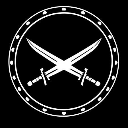 (stylized logo, emblem, vector art), (symbol of a crossed swords), (solid colors, thick-linework), white outline, black background, 
crossed swords symbol white in the center, heraldic, black background, HDR, UHD,