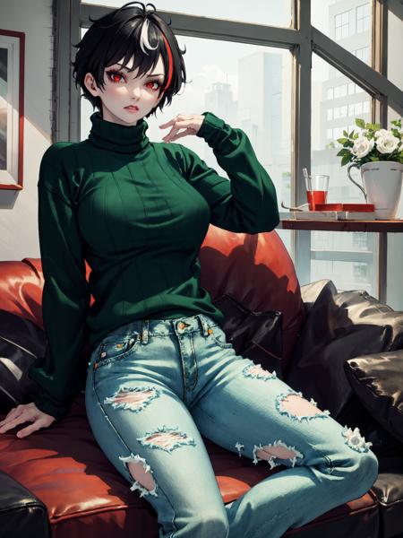 (masterpiece, best quality), indoors, apartment, sitting, on couch, btsub, 1girl, solo, scar across eye, makeup, red eyes, black hair, large breasts, short hair, streaked hair, <lyco:BlytheSubverse_V1-Manityro:0.8>, turtleneck sweater, ((green sweater)), denim jeans, toned, biceps