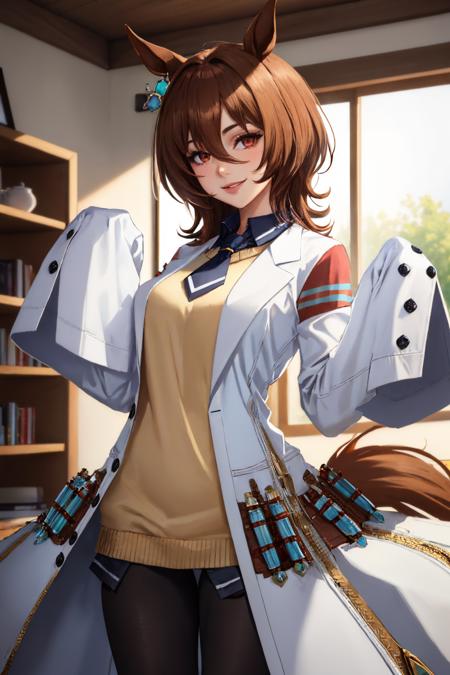 agnes tachyon, horse ears, horse tail labcoat, sleeves past wrists, sleeves past fingers, sweater, necktie, pantyhose, single earring