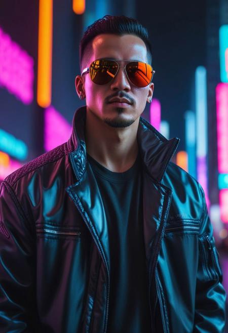 fcNeg, 
In the hyper-realistic realm of cyberpunk aesthetics, a man donning sunglasses and a jacket stands against the neon-lit backdrop of a bustling city. With a cyberpunk vibe resonating throughout, this portrait encapsulates the essence of the genre's iconic style. The hyper-realistic detailing captures the vividness of cyberpunk colors, creating a compelling portrait of a cyberpunk hero in the midst of a futuristic cityscape. <=v=
