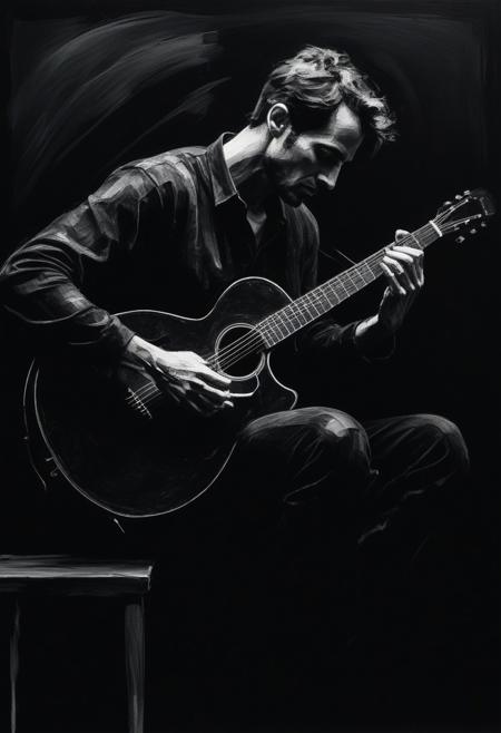 A captivating abstract ink splash image in bold black, showcasing the intensity of a classical guitarist's performance. The guitarist's eyes are closed in rapt attention, his fingers deftly navigating the strings with precision and fluidity. The ink strokes evoke the expressive works of Franz Kline, Franz Marc, and Sargent, infusing the scene with the guitarist's passion and focus. Set against a deep, dark void reminiscent of Mark Rothko's backgrounds, the musician becomes one with the music, blurring the lines between reality and art. Inspired by the expressive brushstrokes of abstract expressionism, this minimalist yet powerful composition transcends the physical realm, touching the soul and embodying the transformative essence of music.