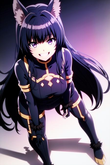 1girl, animal_ears, bangs, bent_over, black_gloves, black_hair, bodysuit, breasts, elbow_gloves, gloves, grin, long_hair, looking_at_viewer, purple_eyes, smile, solo, thighhighs