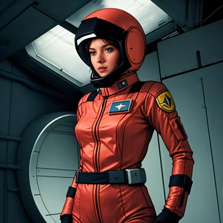 photorealistic, cinematic, <lora:eff pilot aam:0.6>, eff pilot, flight suit, woman, standing, helmet, hangar bay